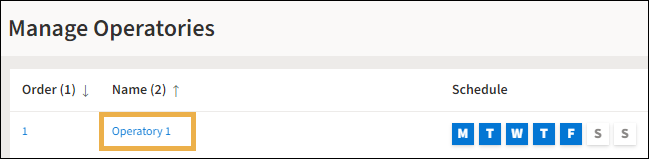 Manage Operatory window with a yellow highlight box around the name hyperlink.